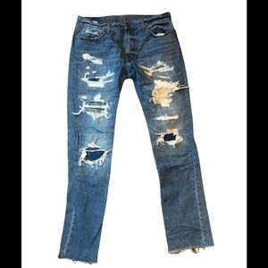 American Eagle Destroyed Slim Straight Leg Jean Sz. 33/31 Raw Hem Festival Blue